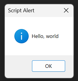 Script Alert dialog in InDesign showing Hello, world