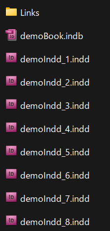 A book folder with a Links folder, demoBook.indb, and eight INDD files