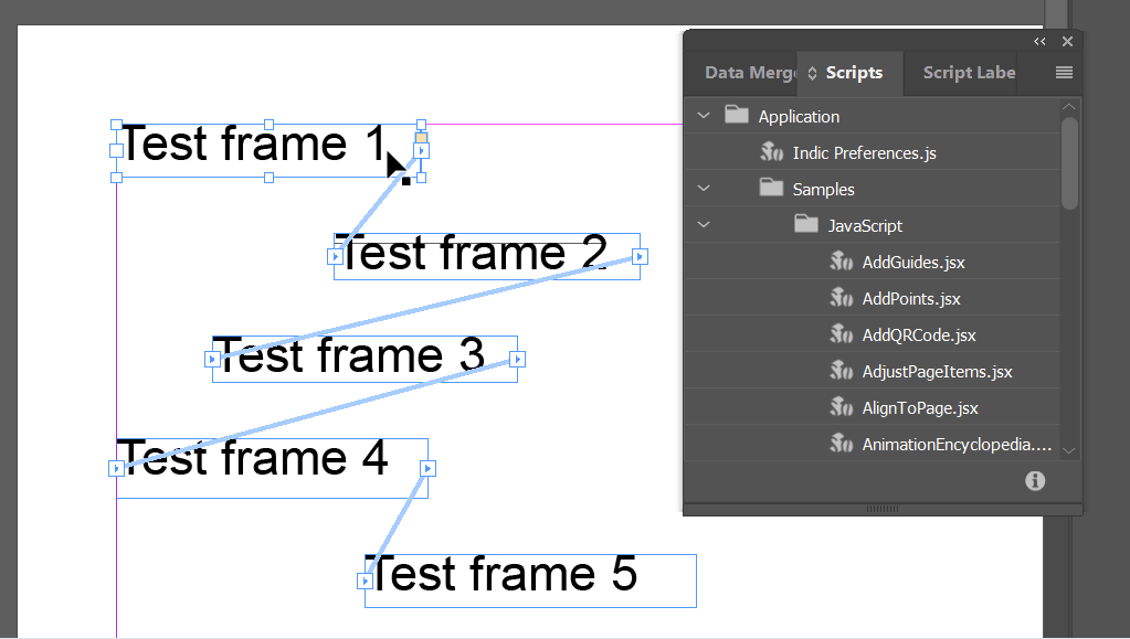 Running the Split Story sample script from the Scripts panel on five threaded text frames
