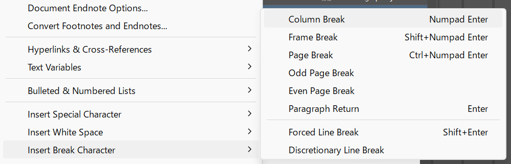InDesign Type menu open at Insert Break Character, listing Column, Frame, and Page Break