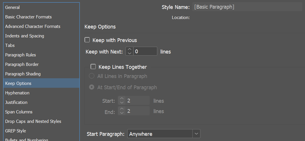Keep Options in the Paragraph Style Options dialog, including Keep with Previous, Keep Lines Together, and Start Paragraph