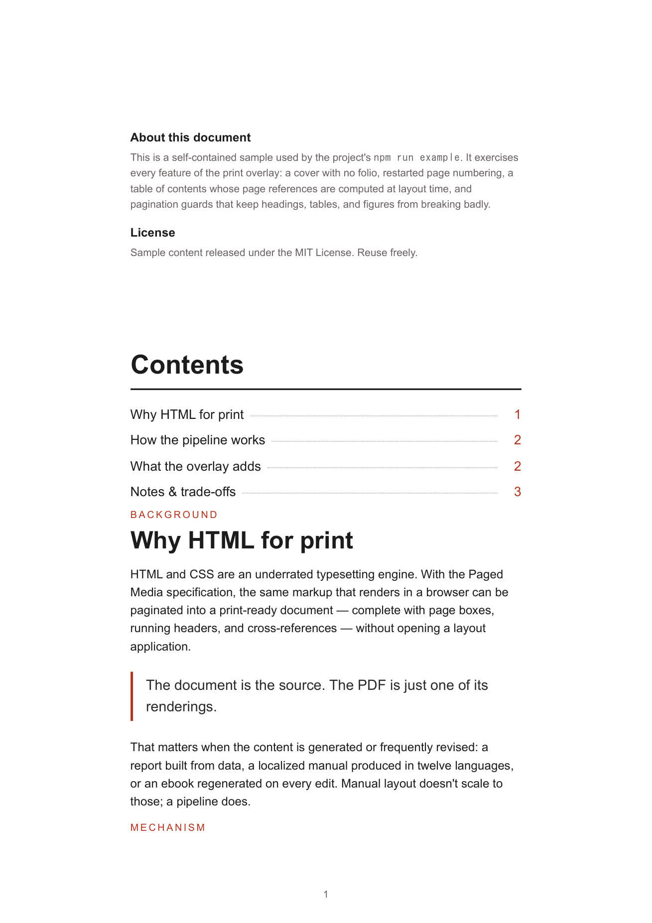 Contents page of the sample PDF with page numbers computed at layout time